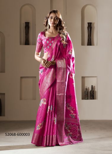Magenta Dola Silk Foil-Printed Saree For Traditional / Religious Occasions
