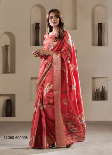 Coral Red Dola Silk Foil-Printed Saree For Traditional / Religious Occasions