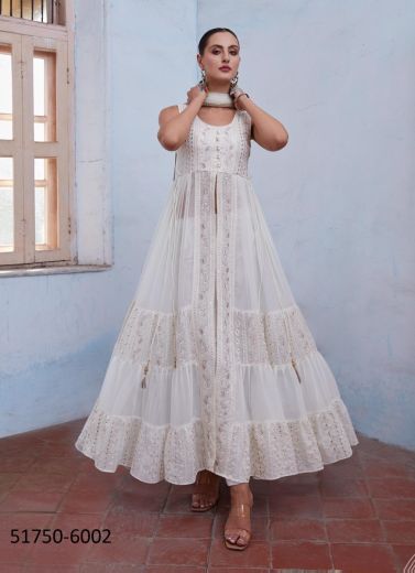 White Georgette Thread-Work Party-Wear Front-Slit Readymade Salwar Kameez