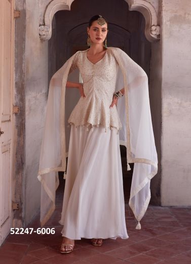 White Georgette Thread-Work Party-Wear Readymade Indo-Western Outfit