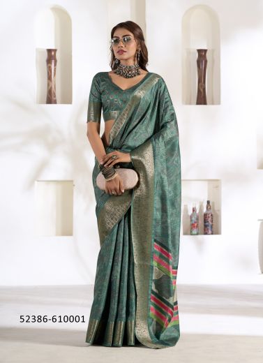 Teal Blue Woven Dola Silk Saree For Traditional / Religious Occasions