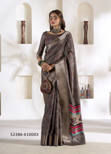 Dark Gray Woven Dola Silk Saree For Traditional / Religious Occasions