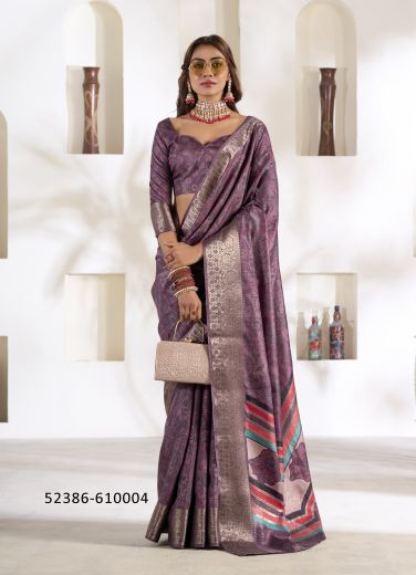 Dull Purple Woven Dola Silk Saree For Traditional / Religious Occasions