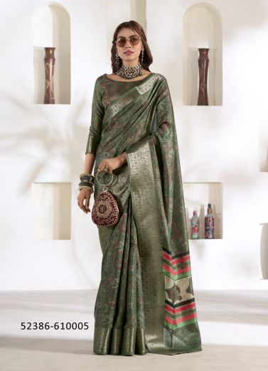 Olive Green Woven Dola Silk Saree For Traditional / Religious Occasions