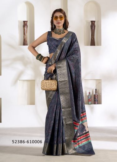 Navy Blue Woven Dola Silk Saree For Traditional / Religious Occasions