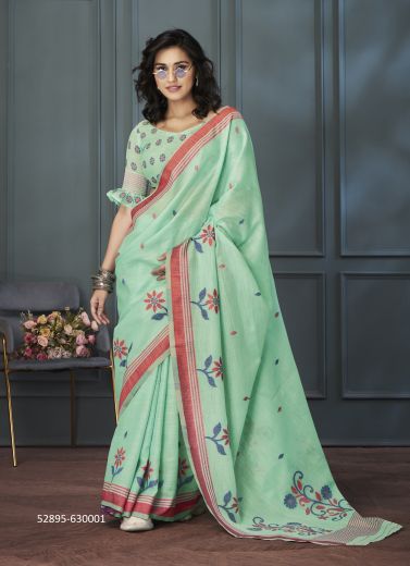 Mint Green & Maroon Linen Printed Office-Wear Handloom Saree