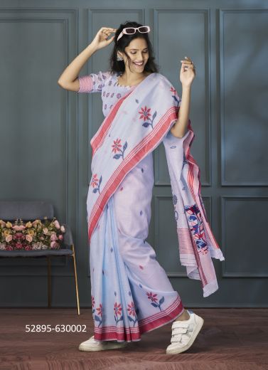 Light Lavender & Maroon Linen Printed Office-Wear Handloom Saree