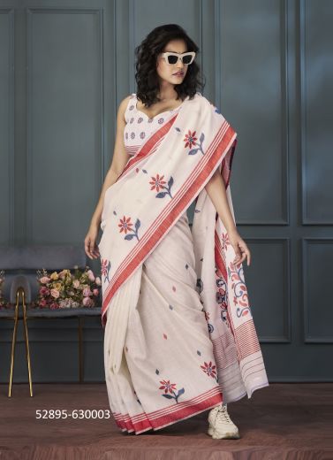 Off White & Maroon Linen Printed Office-Wear Handloom Saree