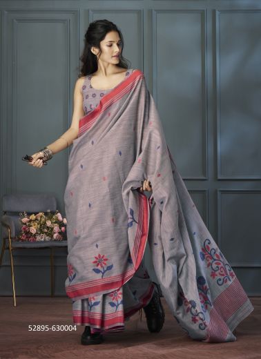 Warm Gray & Maroon Linen Printed Office-Wear Handloom Saree