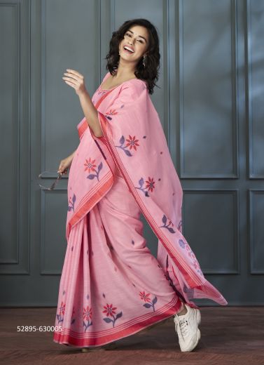 Pink & Maroon Linen Printed Office-Wear Handloom Saree