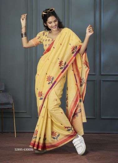 Yellow & Maroon Linen Printed Office-Wear Handloom Saree