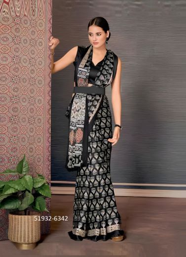 Black Silk Ajrakh Printed Office-Wear Handloom Saree