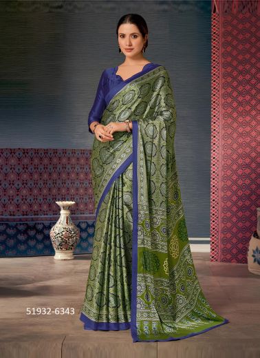 Green Silk Ajrakh Printed Office-Wear Handloom Saree