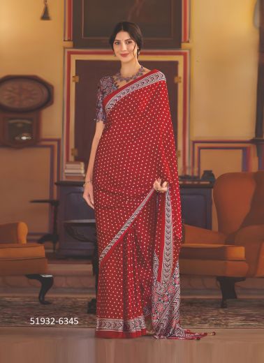Red Silk Ajrakh Printed Office-Wear Handloom Saree