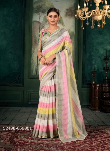 Multicolored Chanderi Linen Digitally Printed Vibrant Saree For Kitty-Parties