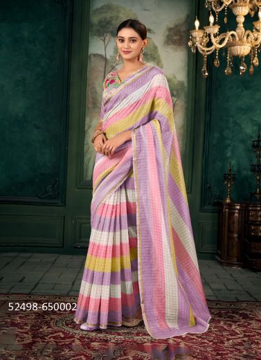 Multicolored Chanderi Linen Digitally Printed Vibrant Saree For Kitty-Parties