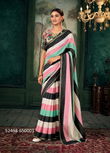 Multicolored Chanderi Linen Digitally Printed Vibrant Saree For Kitty-Parties