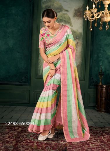 Multicolored Chanderi Linen Digitally Printed Vibrant Saree For Kitty-Parties