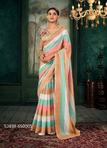 Multicolored Chanderi Linen Digitally Printed Vibrant Saree For Kitty-Parties