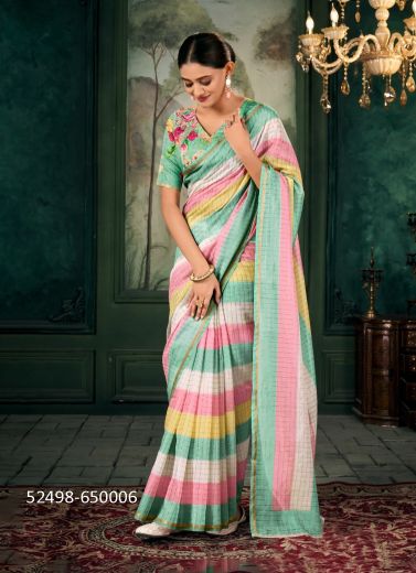 Multicolored Chanderi Linen Digitally Printed Vibrant Saree For Kitty-Parties