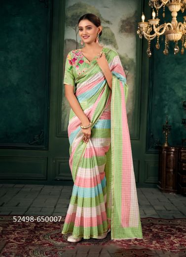 Multicolored Chanderi Linen Digitally Printed Vibrant Saree For Kitty-Parties