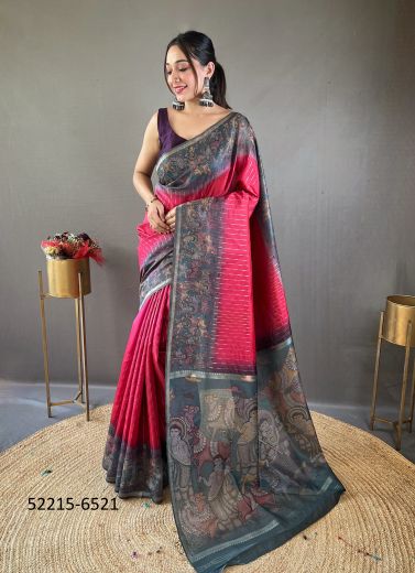 Crimson Red & Gray Chanderi Silk Digitally Printed Saree For Traditional / Religious Occasions