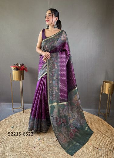 Purple & Gray Chanderi Silk Digitally Printed Saree For Traditional / Religious Occasions