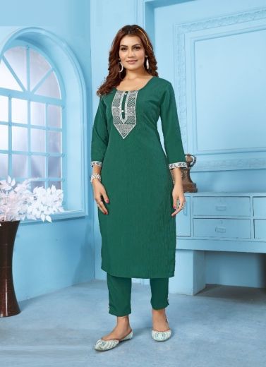 Teal Green Wrinkle Cotton Thread-Work Office-Wear Readymade Kurti With Pant