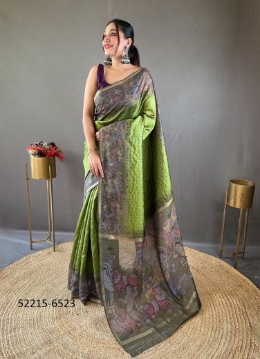 Olive & Gray Chanderi Silk Digitally Printed Saree For Traditional / Religious Occasions