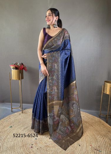 Blue & Gray Chanderi Silk Digitally Printed Saree For Traditional / Religious Occasions
