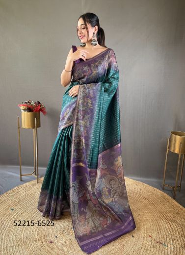 Teal Blue & Violet Chanderi Silk Digitally Printed Saree For Traditional / Religious Occasions