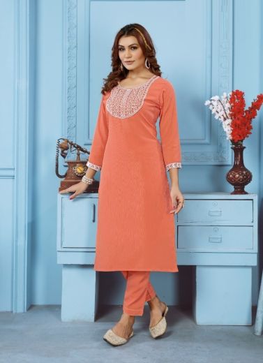 Coral Wrinkle Cotton Thread-Work Office-Wear Readymade Kurti With Pant