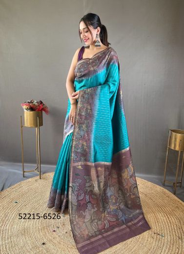 Aqua & Mauve Chanderi Silk Digitally Printed Saree For Traditional / Religious Occasions