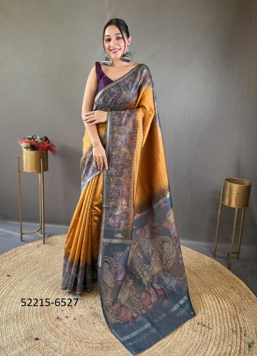 Orange & Gray Chanderi Silk Digitally Printed Saree For Traditional / Religious Occasions