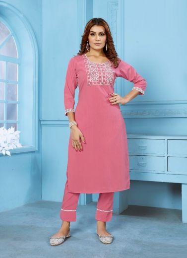 Pink Wrinkle Cotton Thread-Work Office-Wear Readymade Kurti With Pant