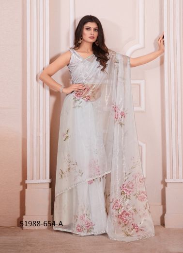White Organza Digitally Printed Boutique-Style Saree For Wearing In Kitty Parties