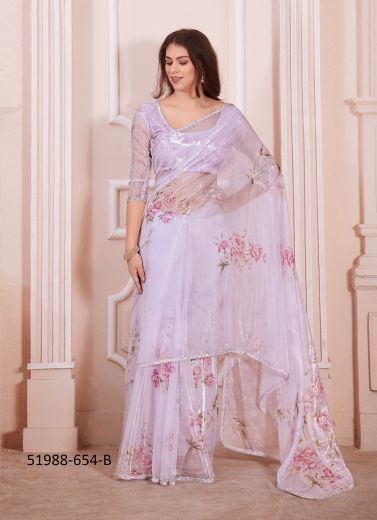 Light Lilac Organza Digitally Printed Boutique-Style Saree For Wearing In Kitty Parties