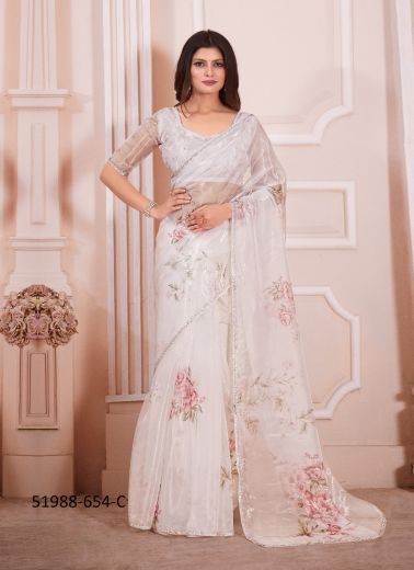 White Organza Digitally Printed Boutique-Style Saree For Wearing In Kitty Parties