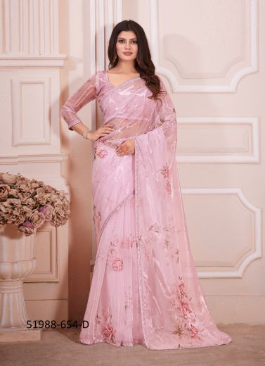 Pink Organza Digitally Printed Boutique-Style Saree For Wearing In Kitty Parties