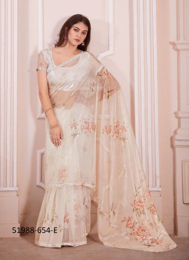 Bone White Organza Digitally Printed Boutique-Style Saree For Wearing In Kitty Parties