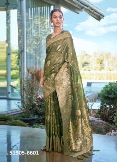 Olive Green Woven Shimmer Banarasi Silk Saree For Traditional / Religious Occasions