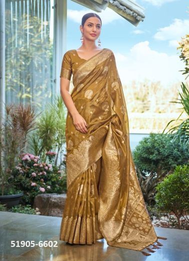 Golden Brown Woven Shimmer Banarasi Silk Saree For Traditional / Religious Occasions