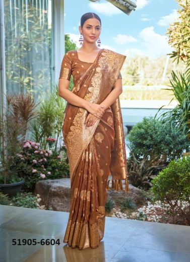 Brown Woven Shimmer Banarasi Silk Saree For Traditional / Religious Occasions