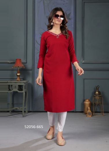 Red Cotton Handwork Casual-Wear Readymade Kurti With Pant