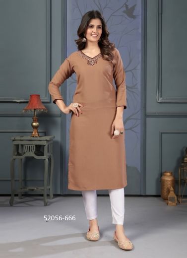  Light Brown Cotton Handwork Casual-Wear Readymade Kurti With Pant