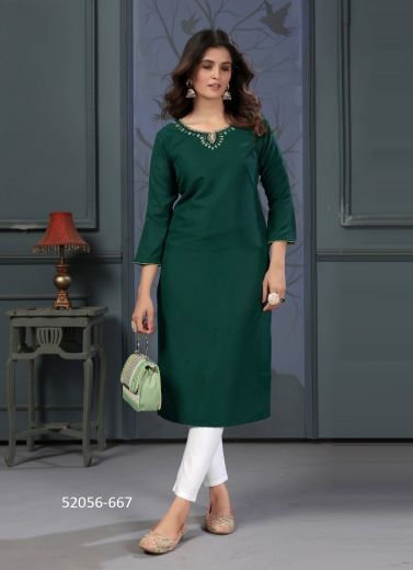 Green Cotton Handwork Casual-Wear Readymade Kurti With Pant