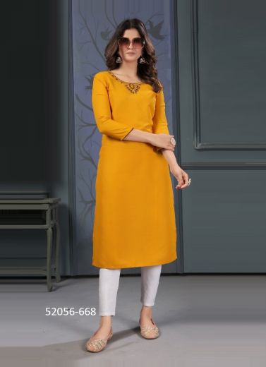 Yellow Cotton Handwork Casual-Wear Readymade Kurti With Pant