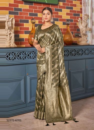 Mehendi Green Shimmer Soft Silk Woven Saree For Traditional / Religious Occasions