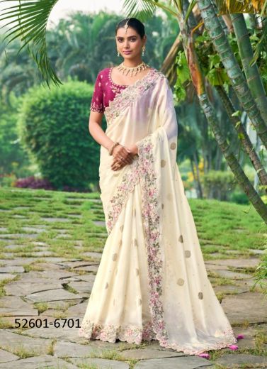 White & Purple Handwork Wedding-Wear Silk Embroidered Saree