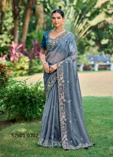 Steel Blue Handwork Wedding-Wear Silk Embroidered Saree